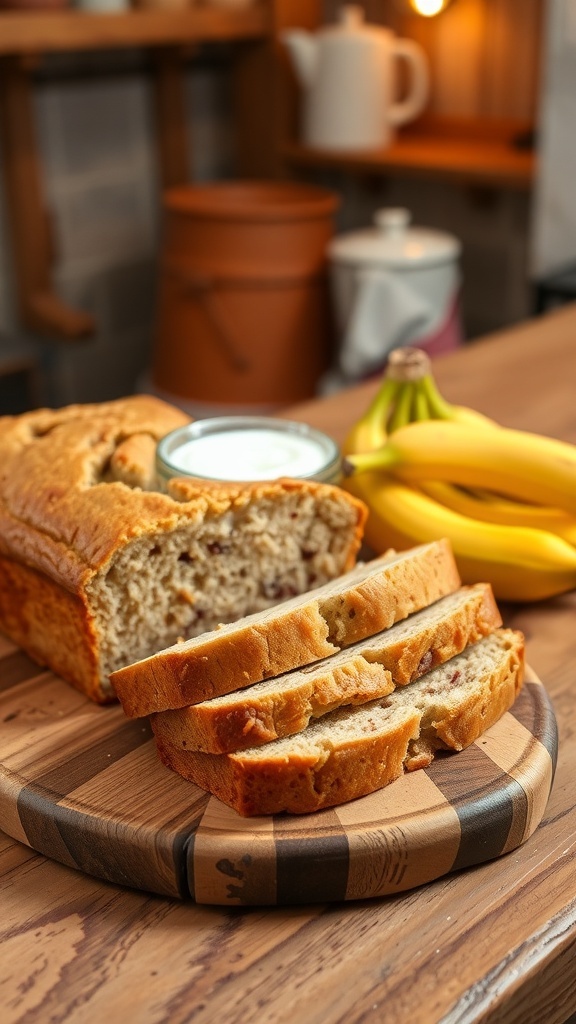 Moist Banana Bread with Vanilla Yogurt A loaf of banana bread sliced on a cutting board with bananas and yogurt beside it.